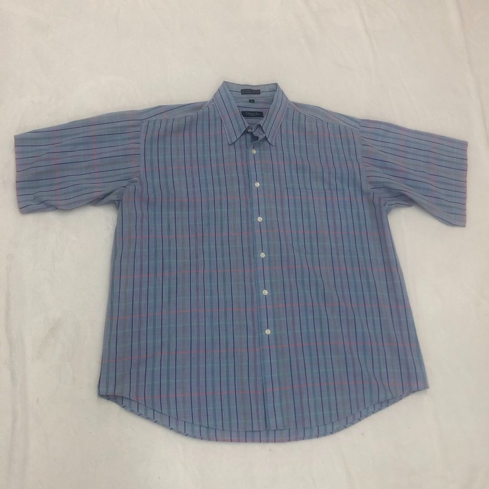 Christian Dior Monsieur Striped Short Sleeve Blue Green Button Up Size XL.